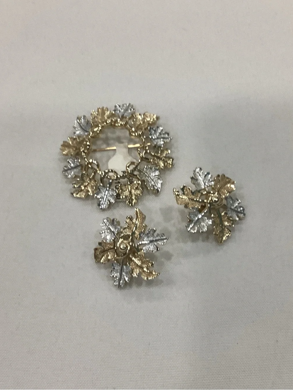 Gold and Silver Leaf Wreath Brooch and Earring Set